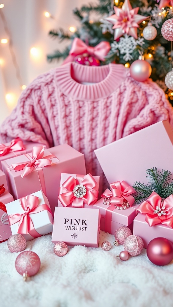 Pink Christmas Wishlist Ideas A collection of pink-themed gifts for Christmas, including a sweater, jewelry, and ornaments, arranged in a festive setting.
